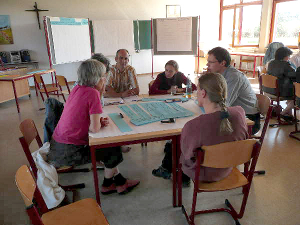 Teilnehmer der Zukunftswerkstatt sitzen um einen Tisch